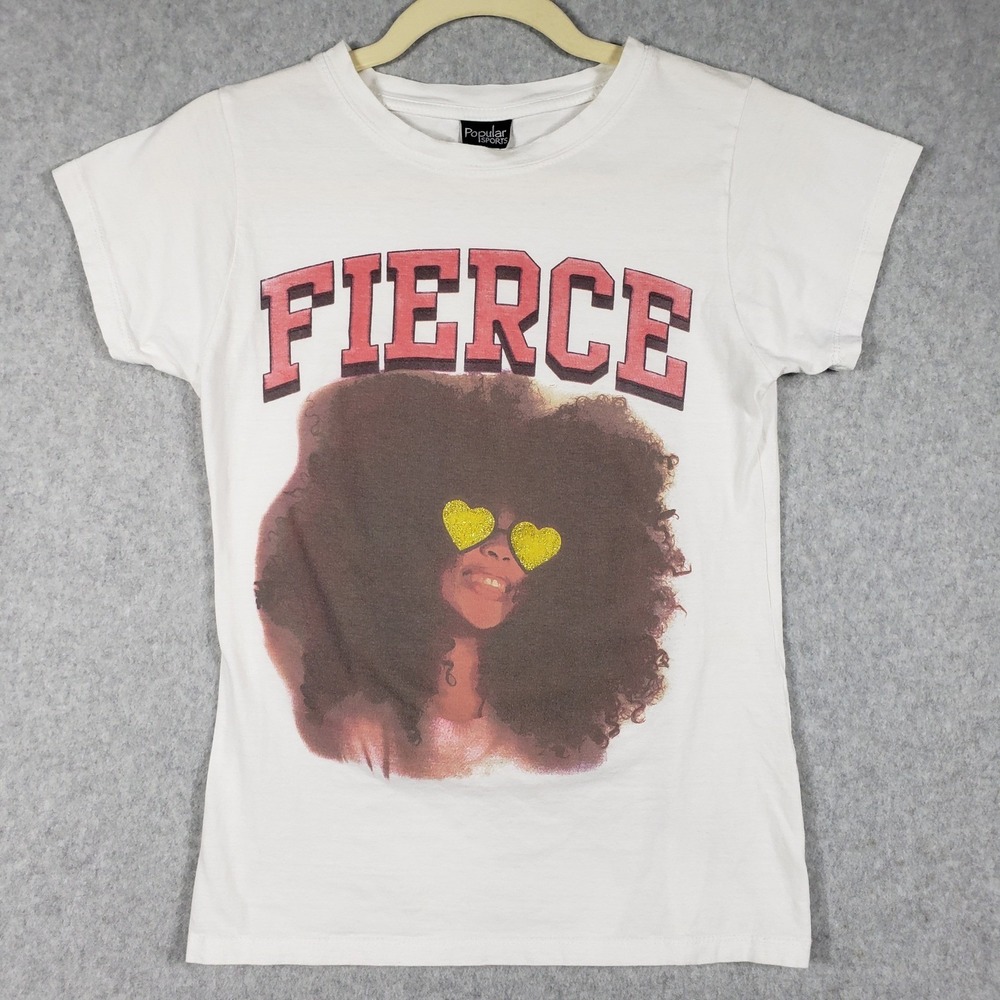 Popular Sports‎ Fierce Shirt Womens Large L White Afro Woman Graphic Tee Cotton